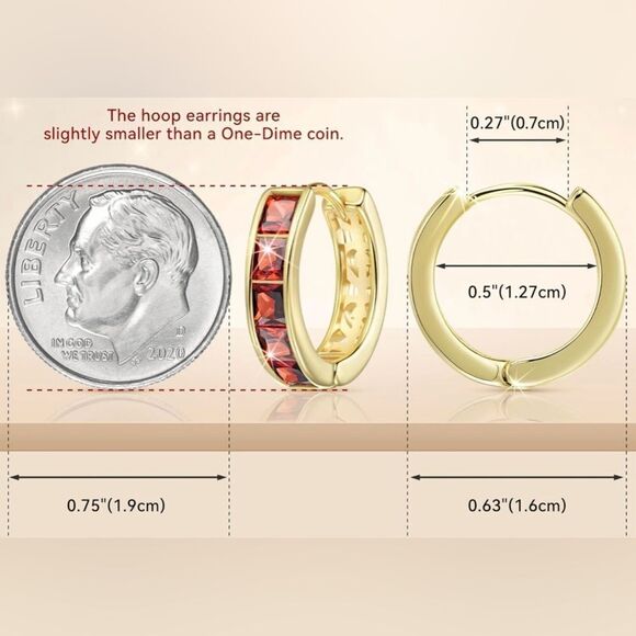 14K Yellow Gold with Red Garnet Cubic Zirconia Princess Cut Huggie Earrings - Picture 3 of 5